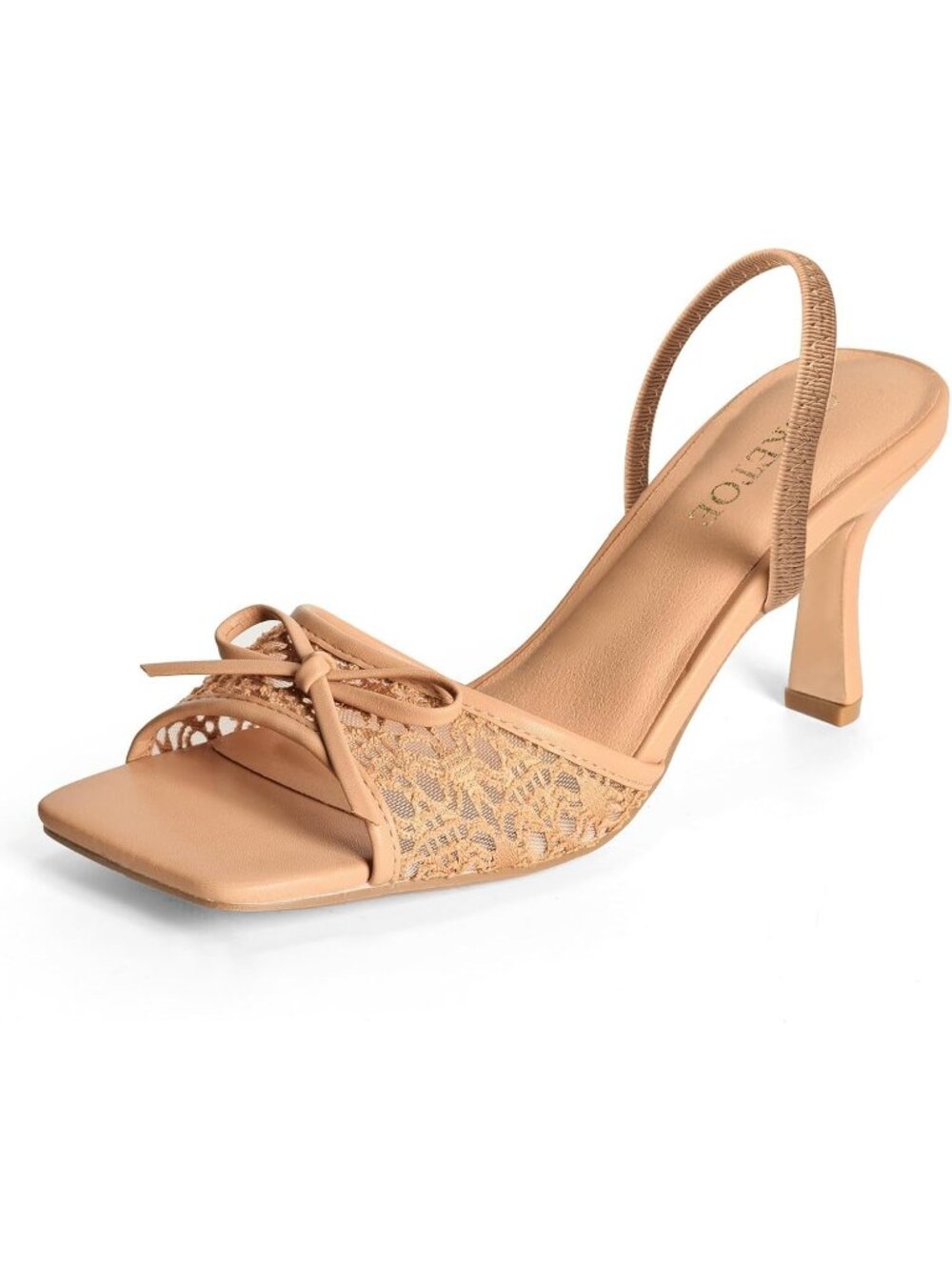 Women's Sand Soft Leather Square Toe Mesh Knot Bow Kitten Heels Slip On Sandals